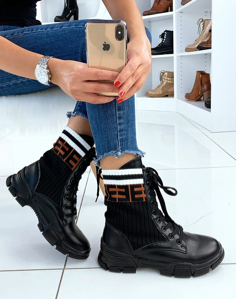 Bottines hautes noires effet chaussette