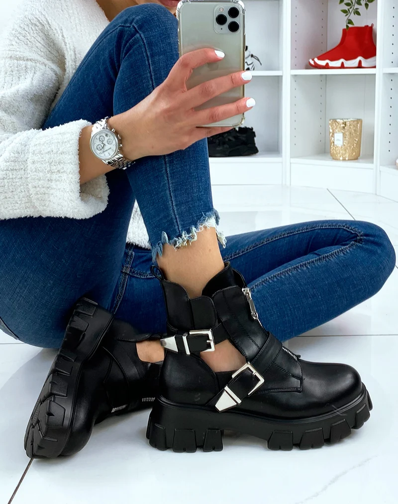Bottines noires ouvertes à double lanières et zip