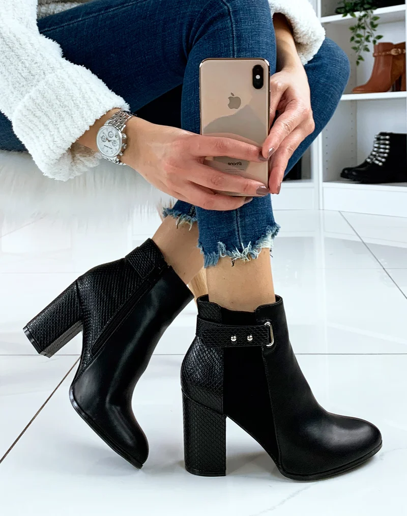 Bottines noires à talon bi-matières