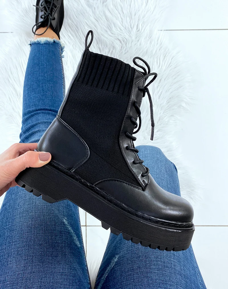 Bottines noires effet chaussette à grosse plateforme