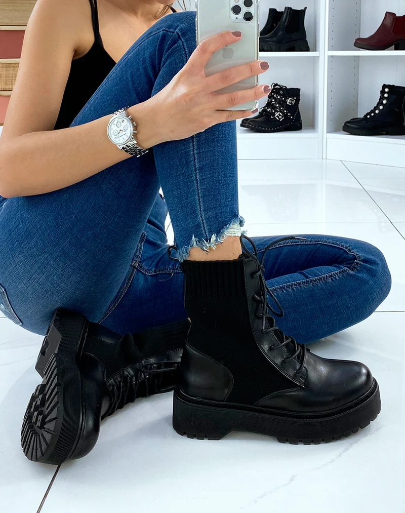 Bottines noires effet chaussette à grosse plateforme