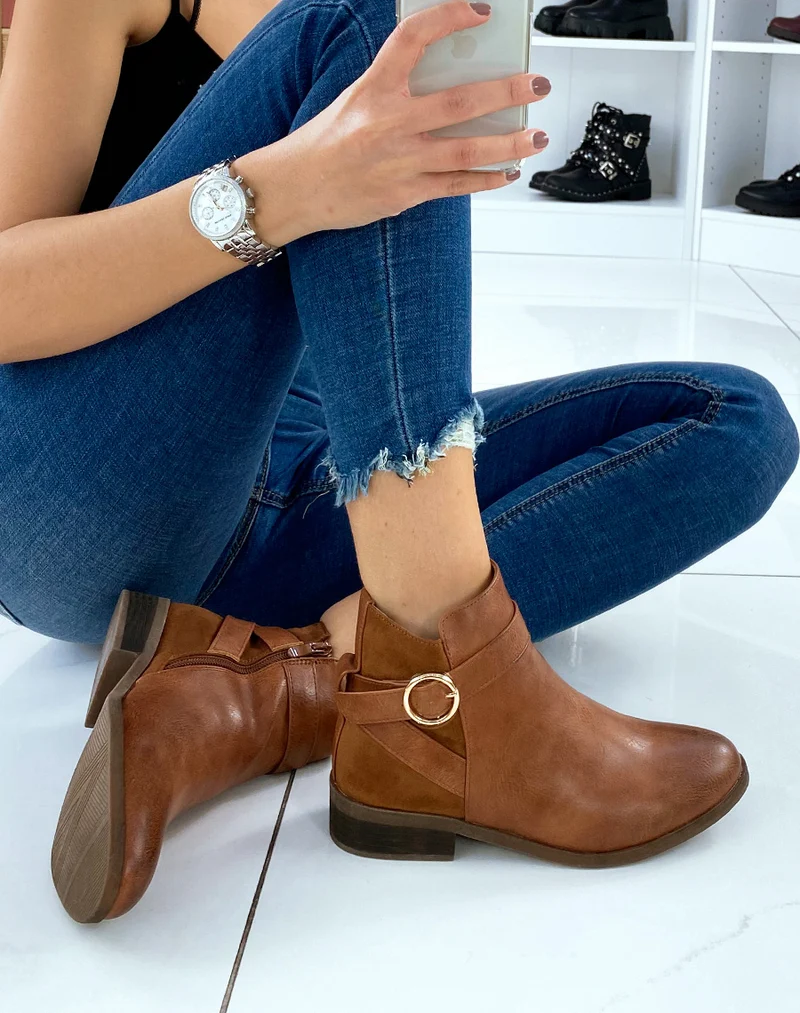 Bottines basses camel bi-matières