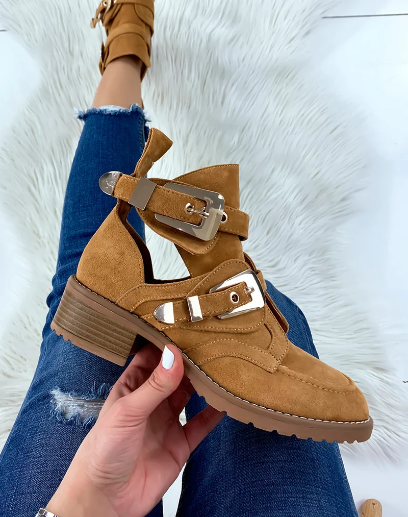 Bottines ouvertes camel en suédine