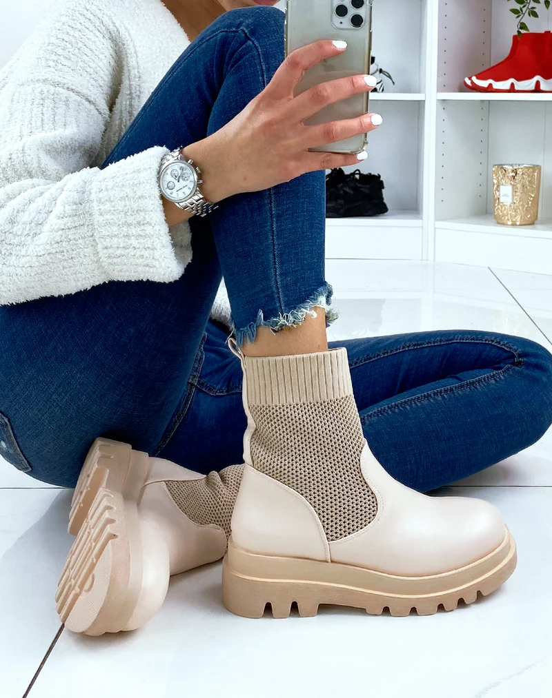 Bottines beiges bi-matières chaussette
