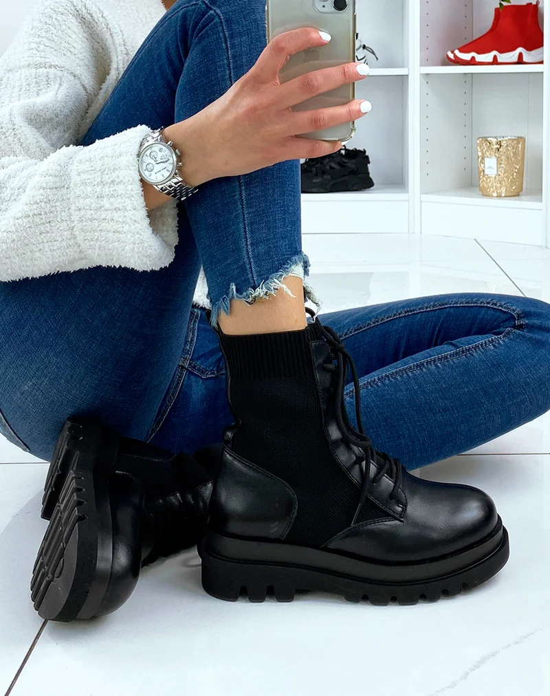 Bottines noires bi-matières à lacets