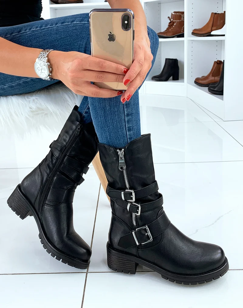 Bottines noires haute à sangles