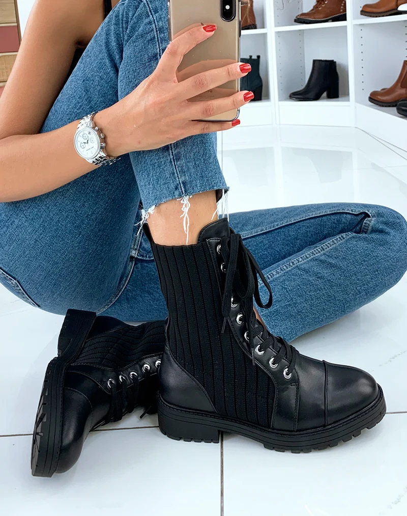 Bottines noires montante chaussette à lacet