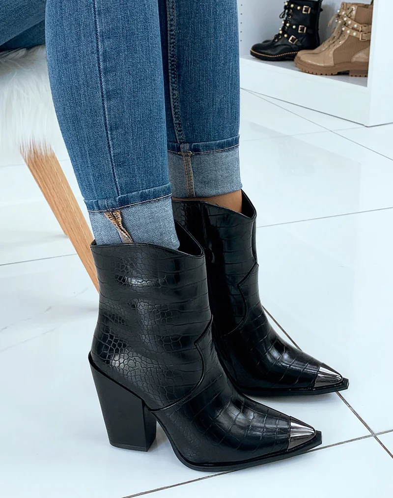 Santiags noires effet croco à bout pointu