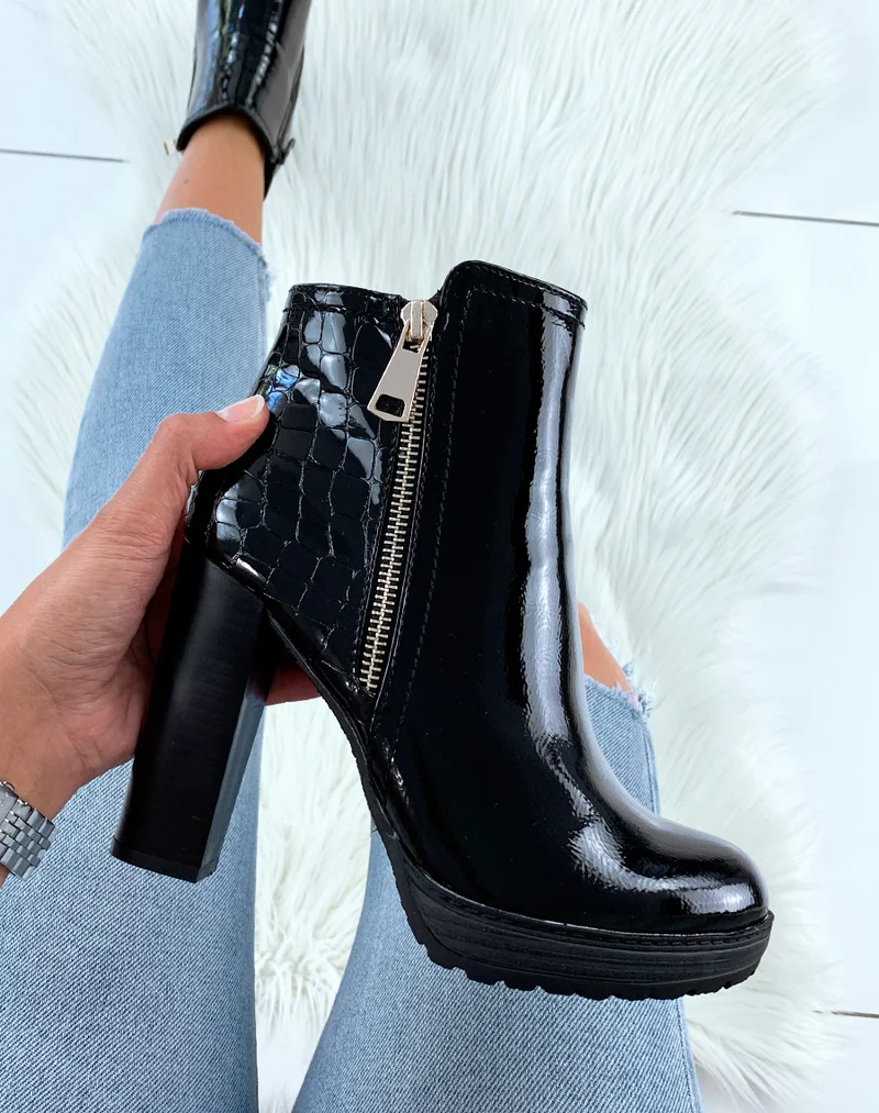 Bottines noir vernis effet croco à talon