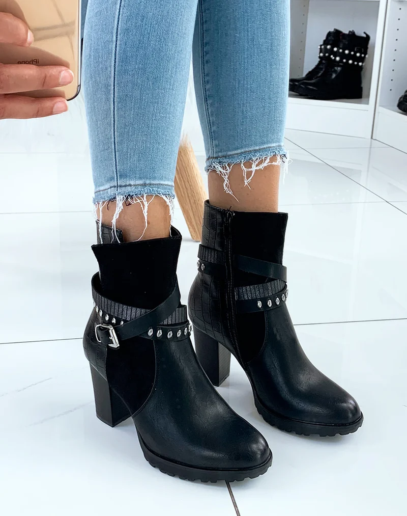 Bottines en bi-matières noires à talons et multiples lanières entrecroisées