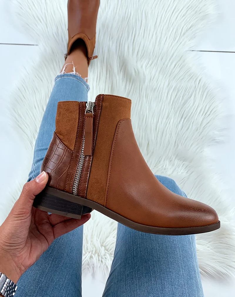 Bottines basses camel bi-matières et à fermetures argentées