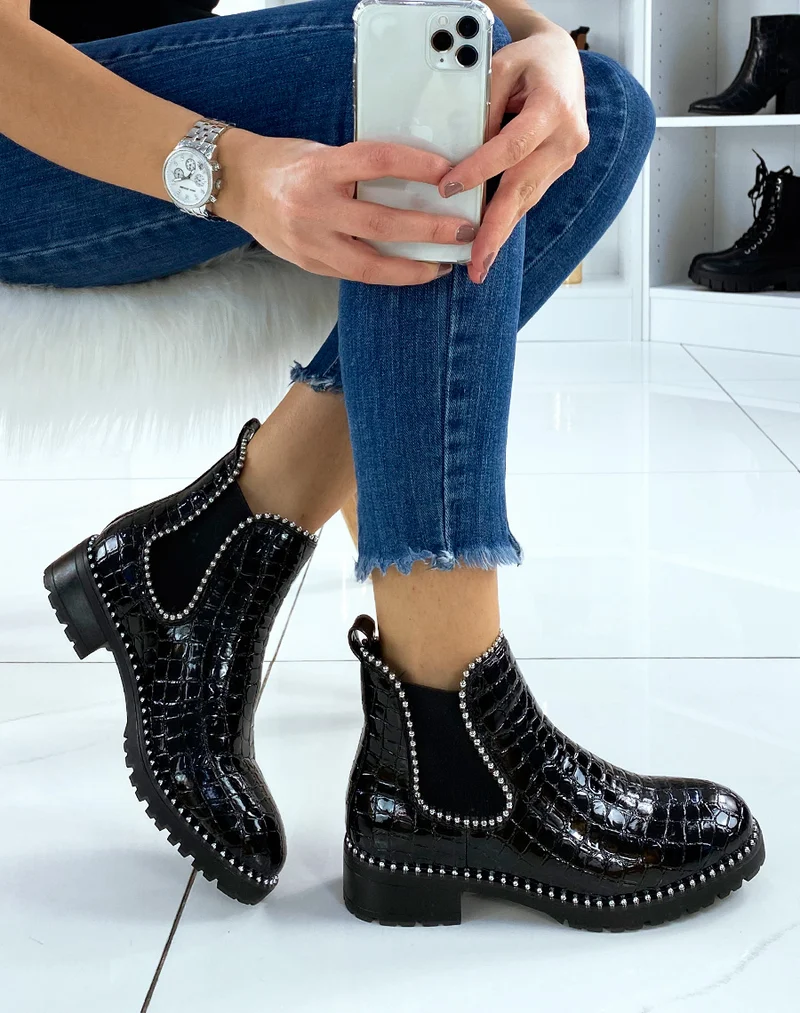 Chelsea boots noires vernies effet croco