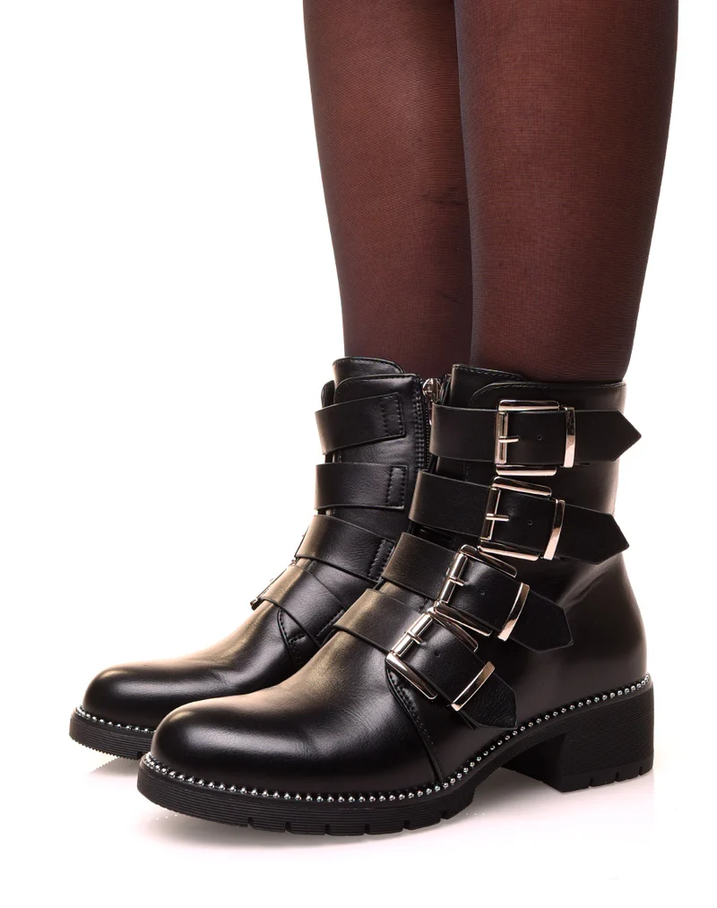 Bottines montantes noires à multiples lanières ajourées de clous