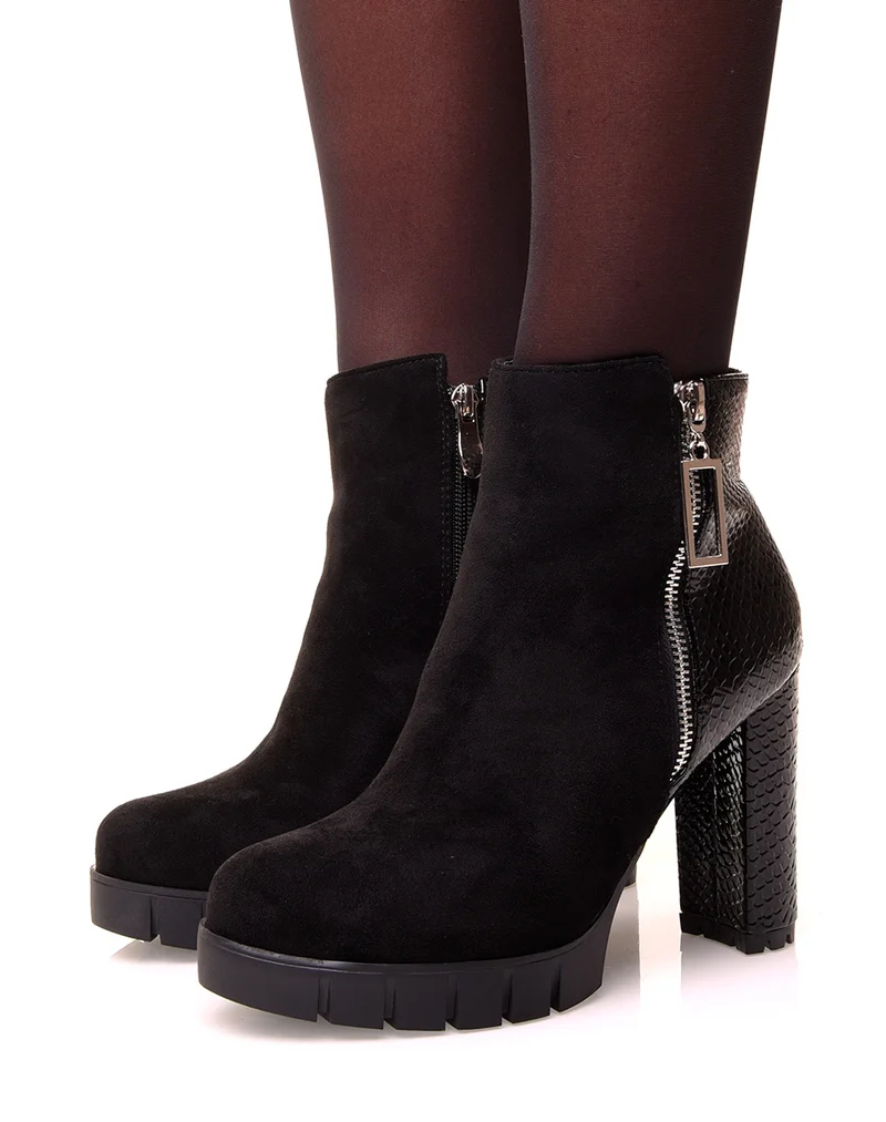 Bottines noires à talon bi-matières croco
