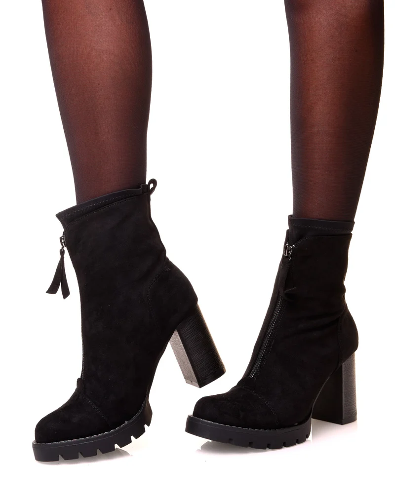 Bottines noires en suédine à talons effet chaussette