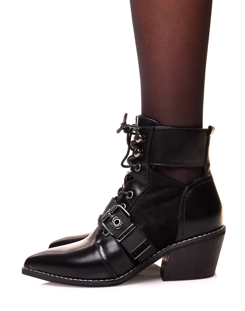 Santiags noires à lacets bi-matières