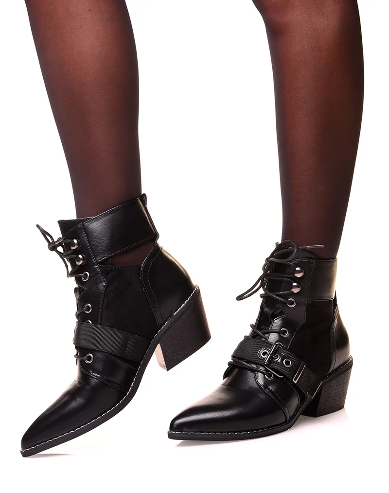 Santiags noires à lacets bi-matières