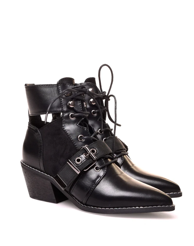Santiags noires à lacets bi-matières