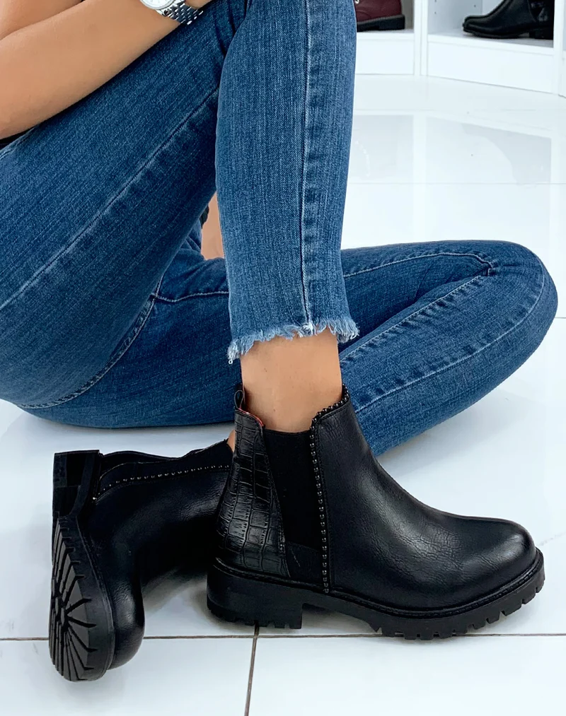 Bottines noires bi-matières avec élastique