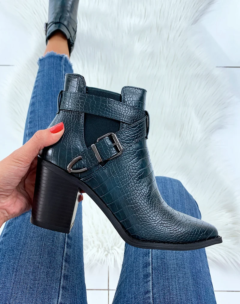 Bottines bleues à talons à effet croco et à doubles brides