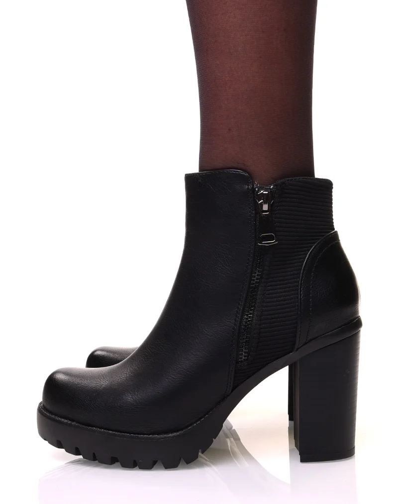 Bottines à talons et plateformes crantées noires bi-matières