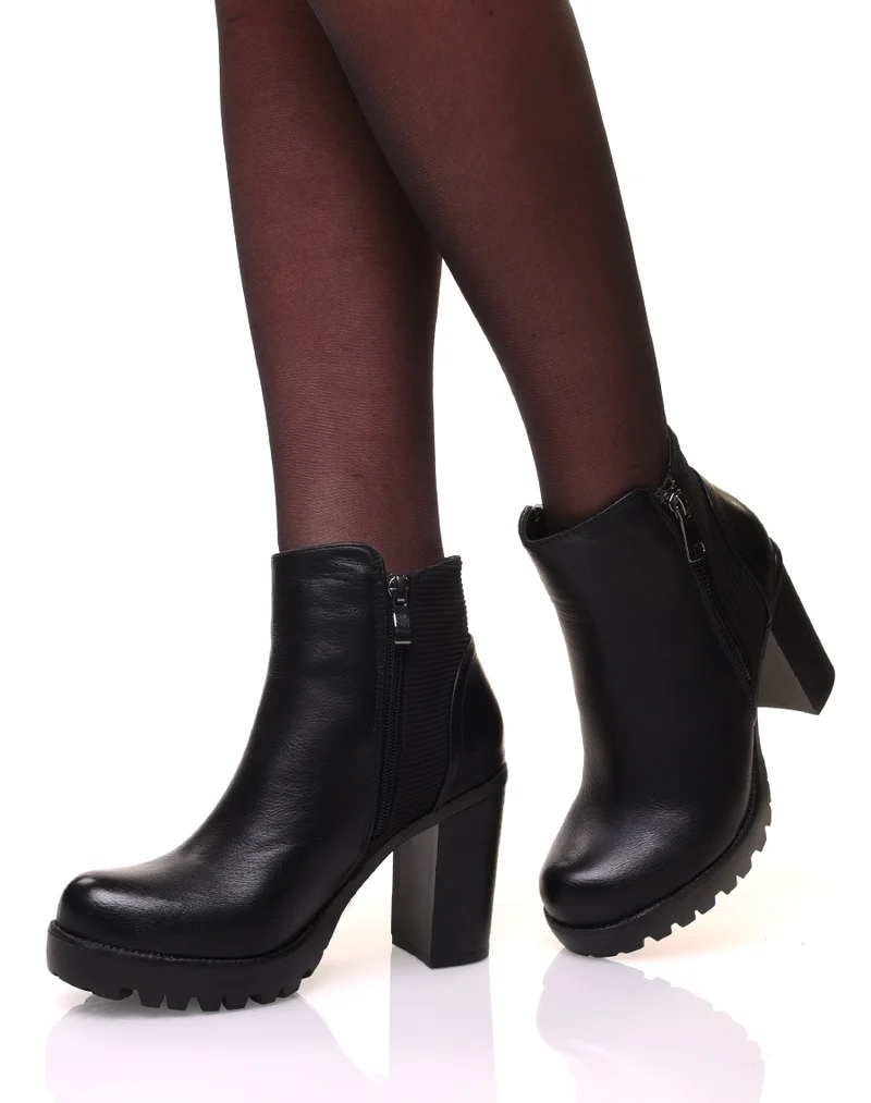 Bottines à talons et plateformes crantées noires bi-matières