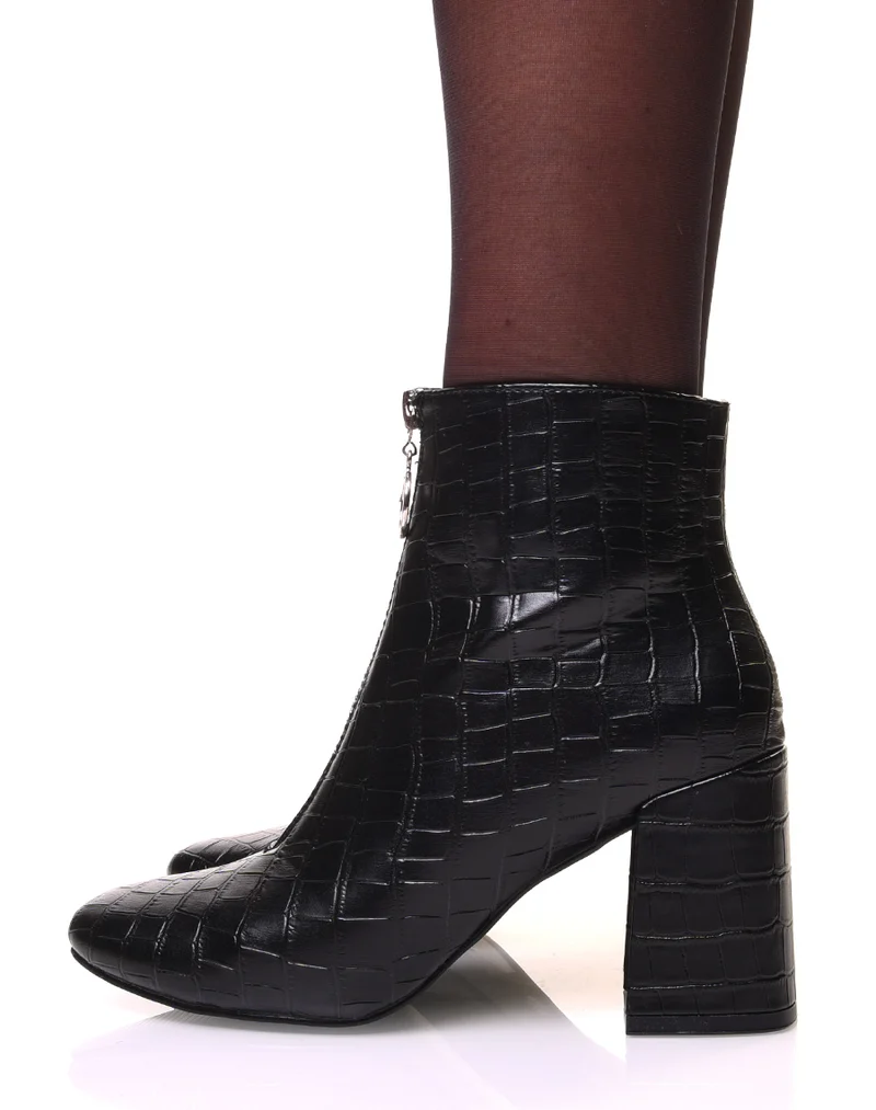 Bottines noires effet croco à talon