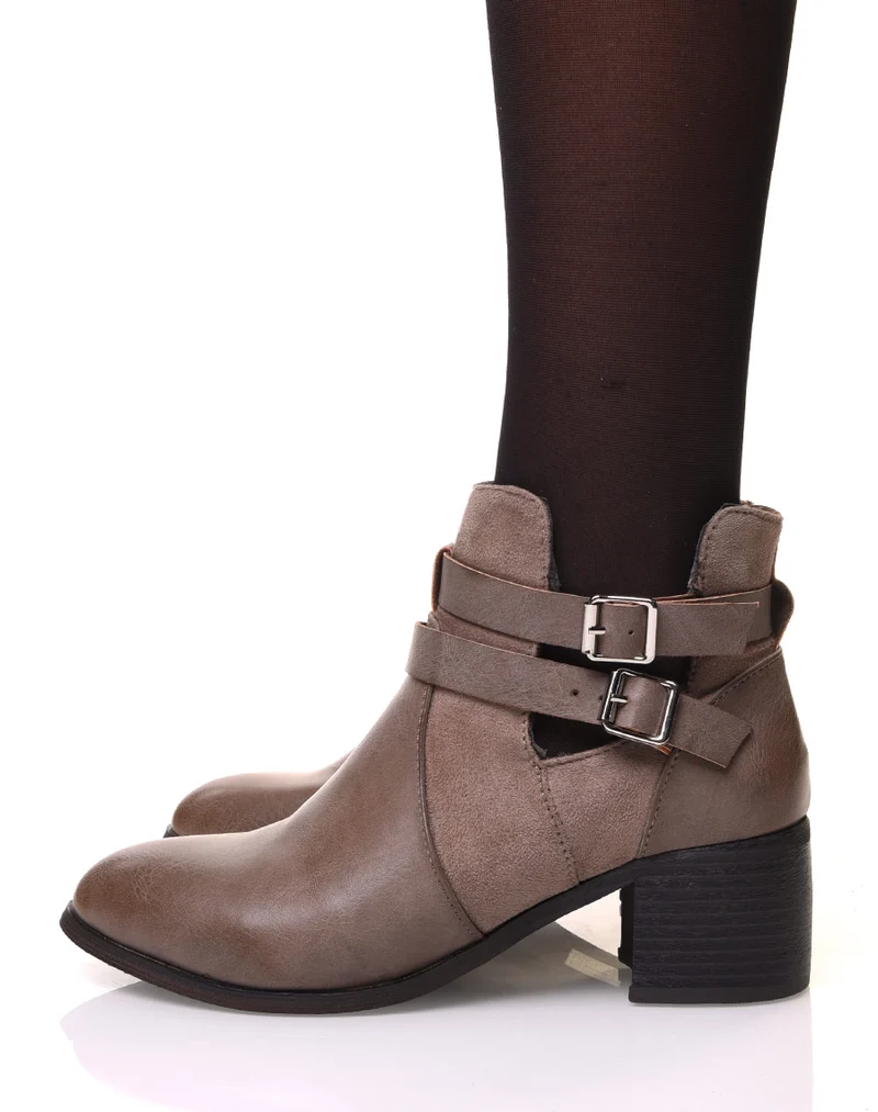 Bottines ajourées taupe à talon moyen