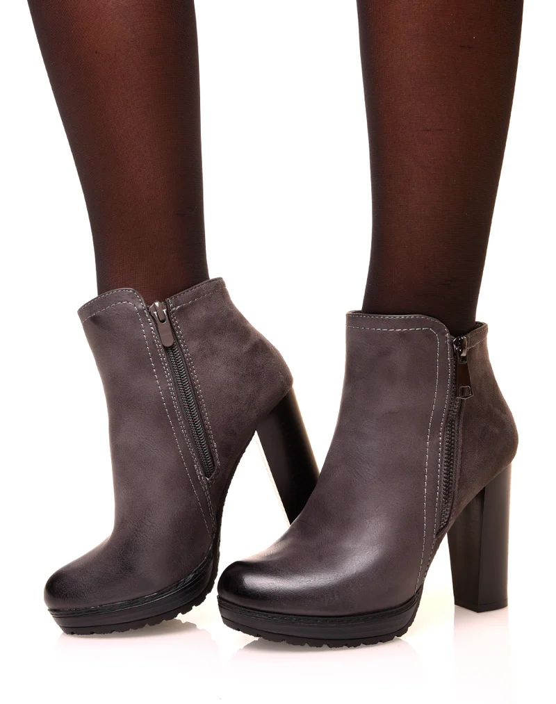 Bottines à talons grises bi matières