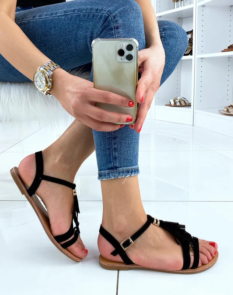 Nu-pieds en suédine noire à franges et détail doré