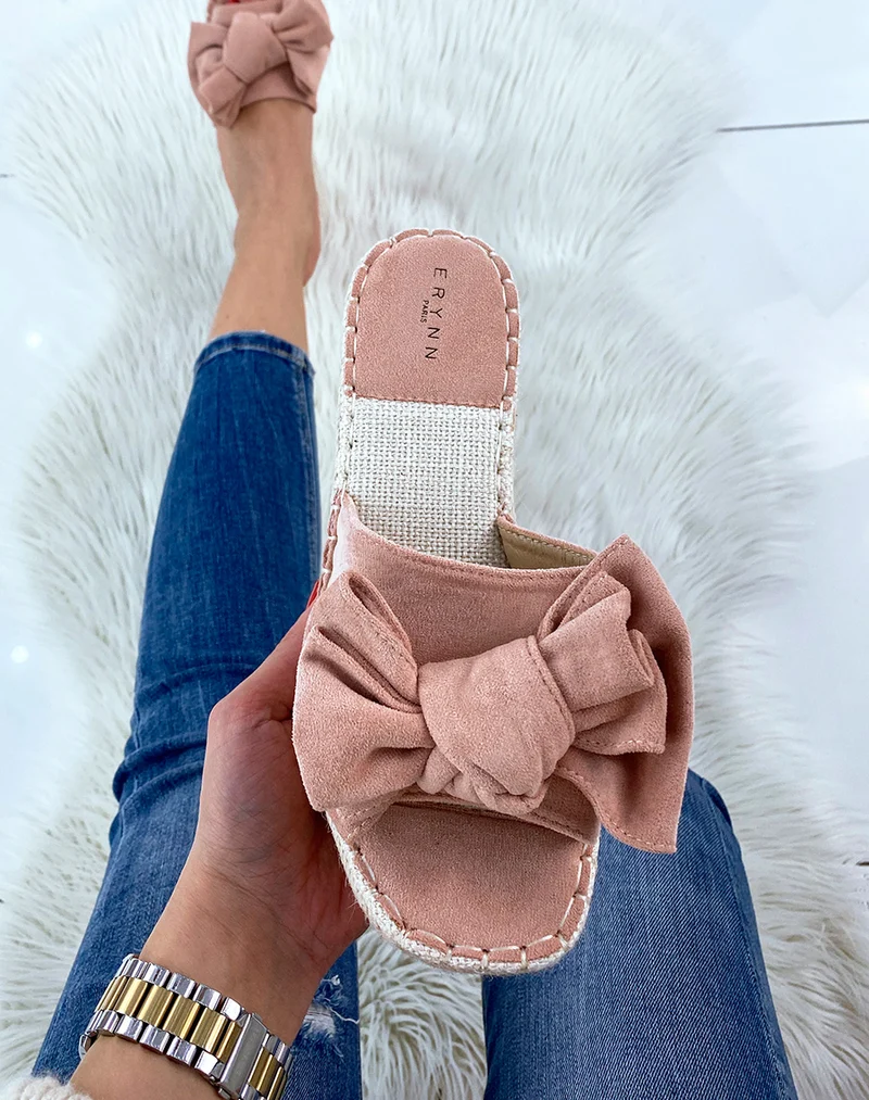 Mules compensées rose poudré à noeud
