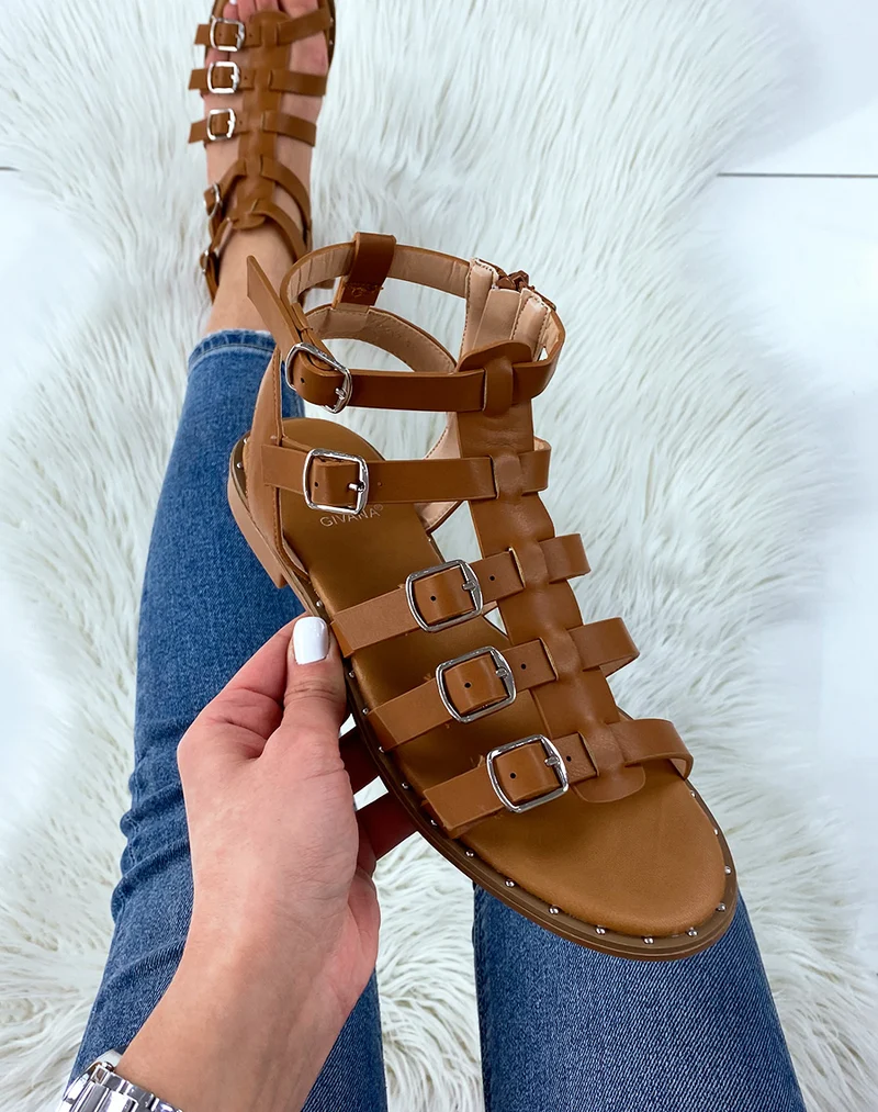Nu-pieds camel style spartiate