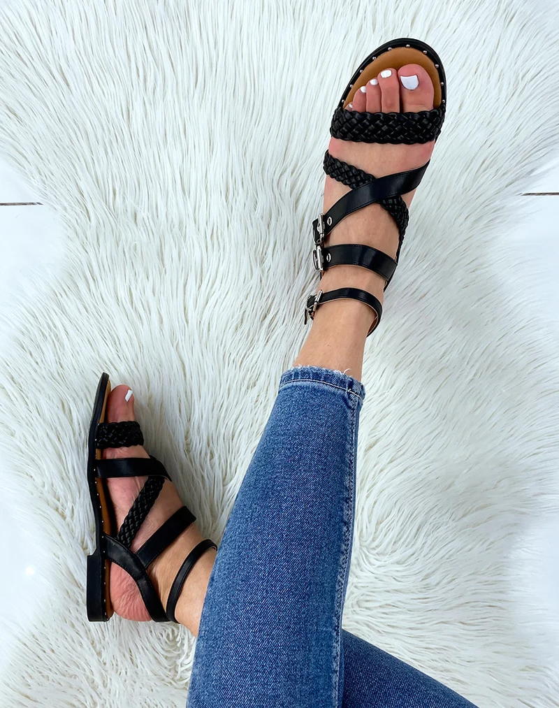 Nu-pieds noirs à multiples brides tressées et lisses
