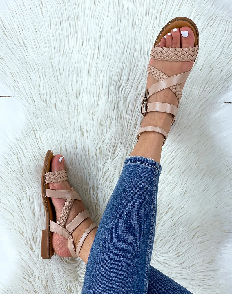 Nu-pieds beige à multiples brides tressées et lisses