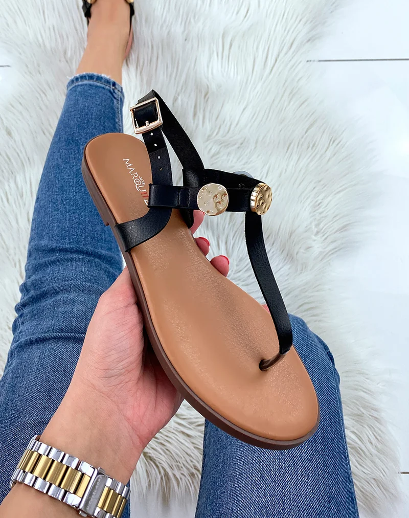 Nu-pieds à entredoigt noirs à détail doré