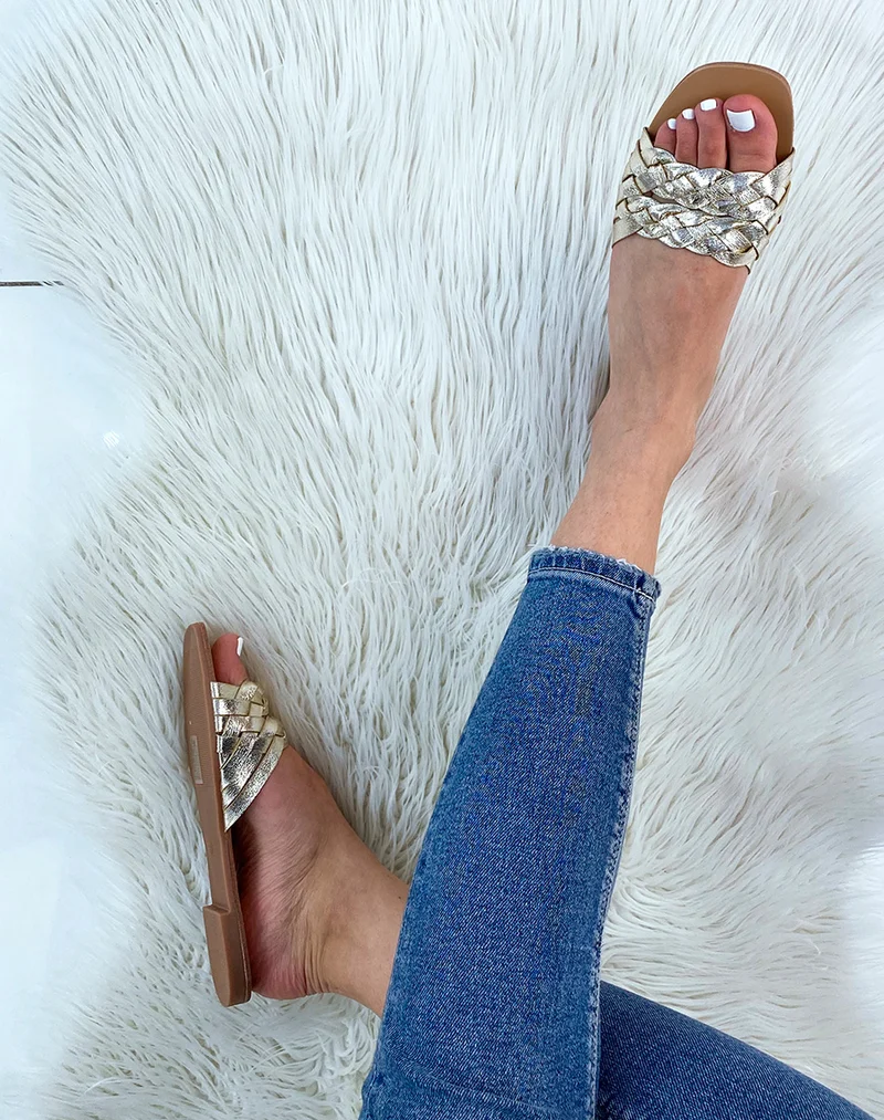 Mules dorées à doubles brides tressées