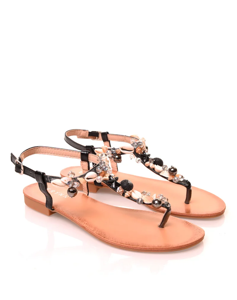 Nu-pieds noirs à coquillages et perles
