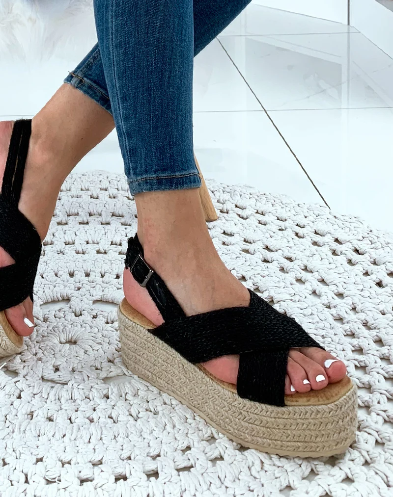 Espadrilles compensées en raphia noires