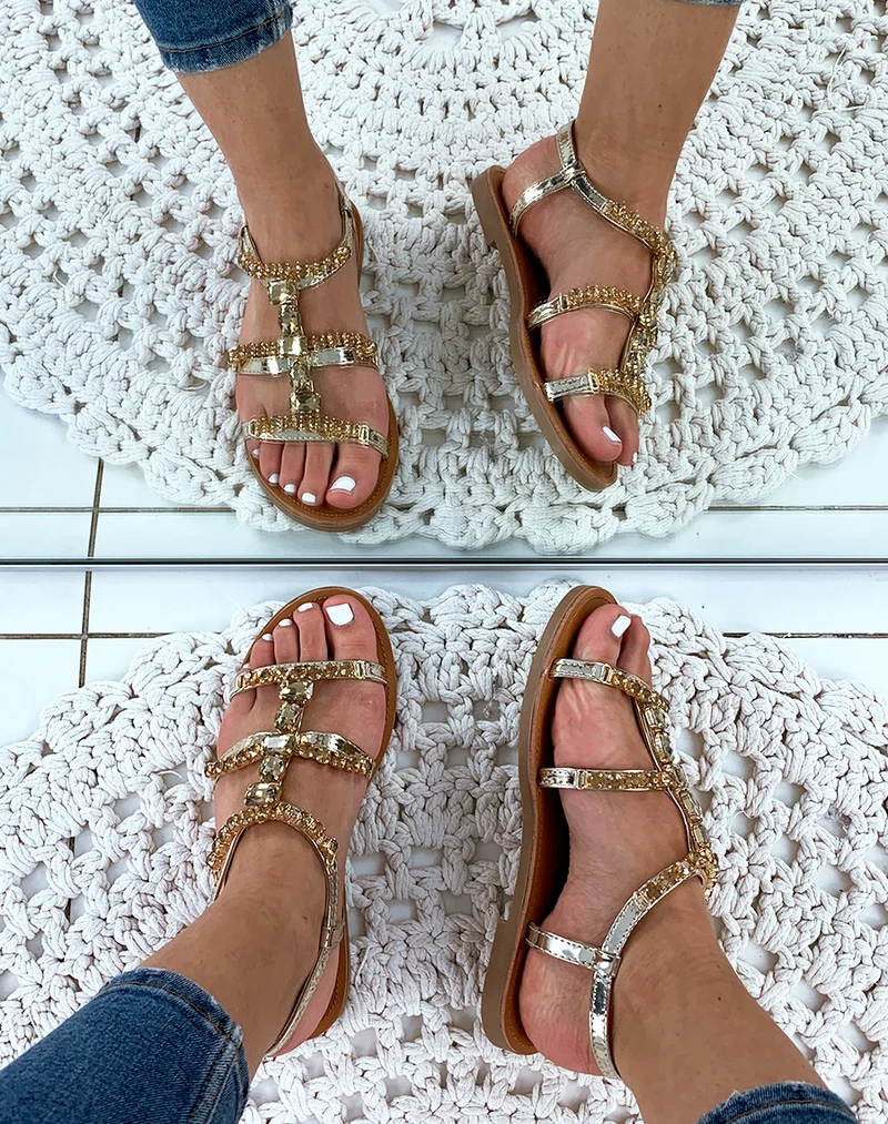 Nu-pieds dorée à pierres fantaisistes