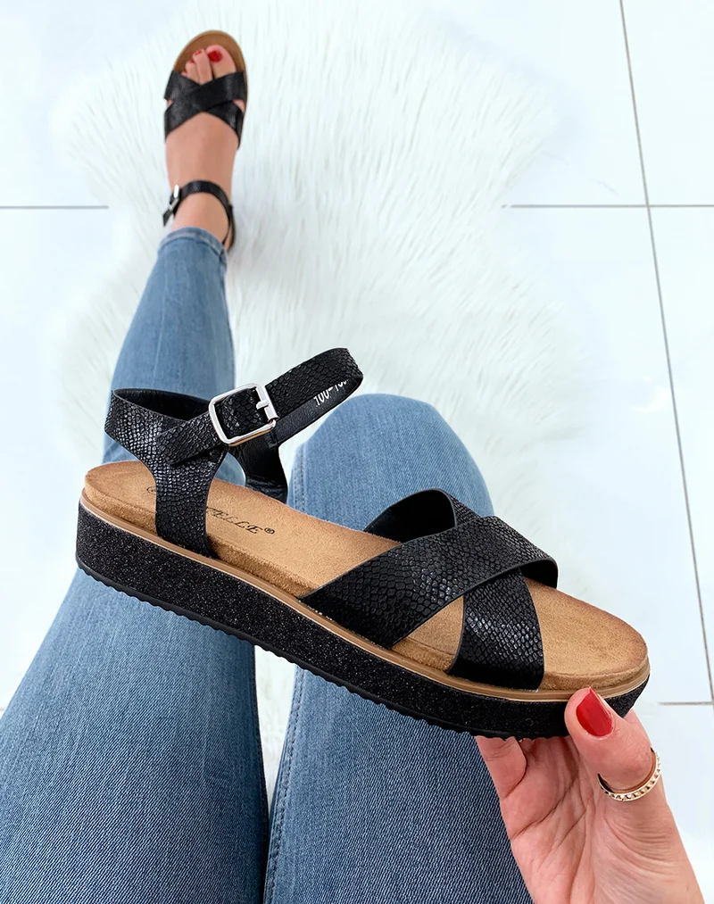 Nu-pieds noires peau de serpent