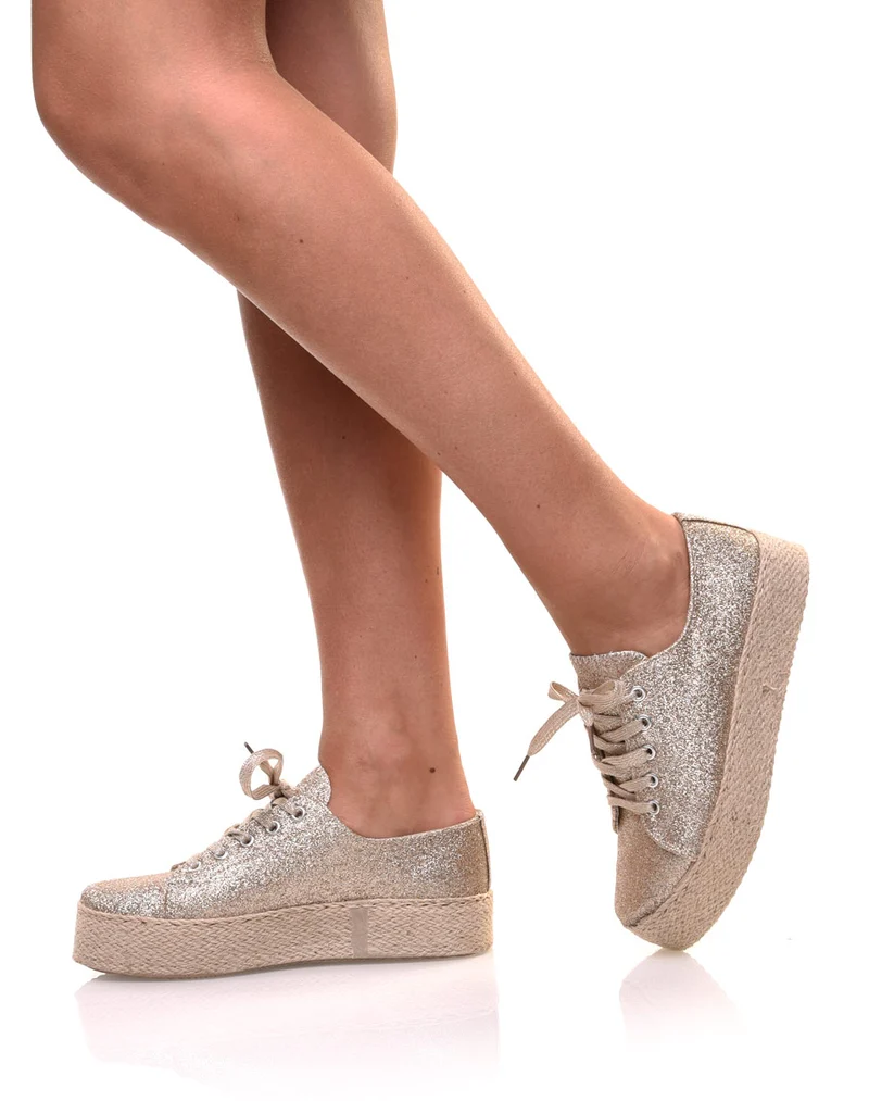 Espadrilles pailletées compensées dorées