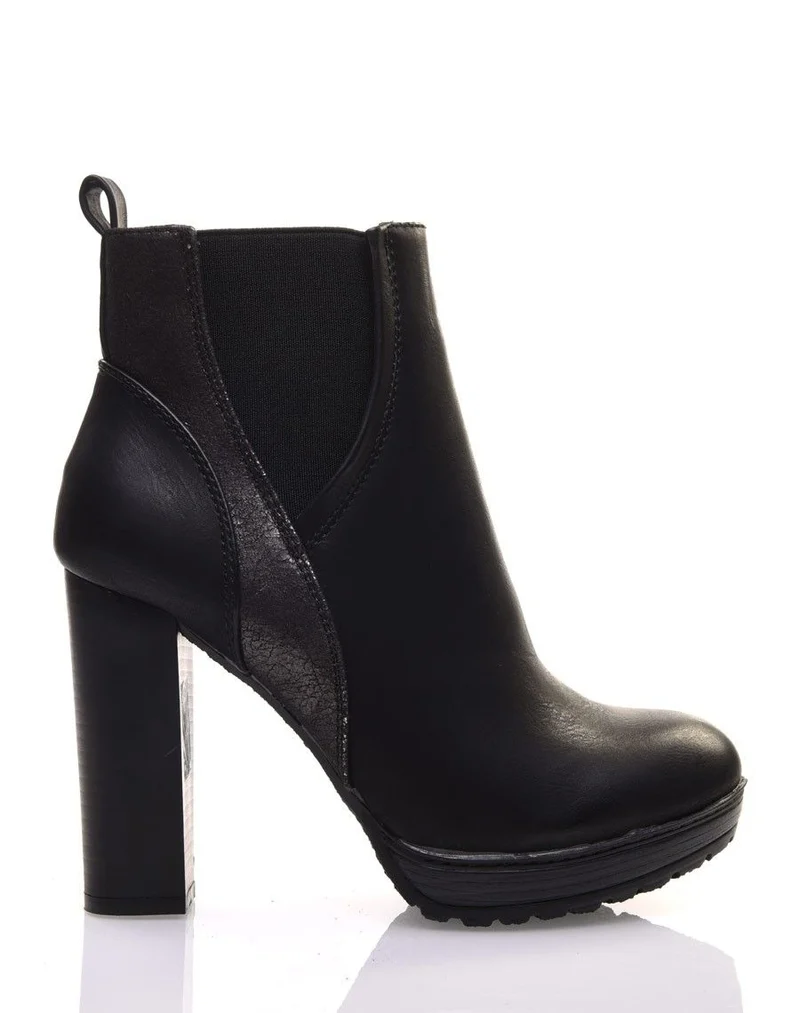 Bottines noires à talons hauts bi matières