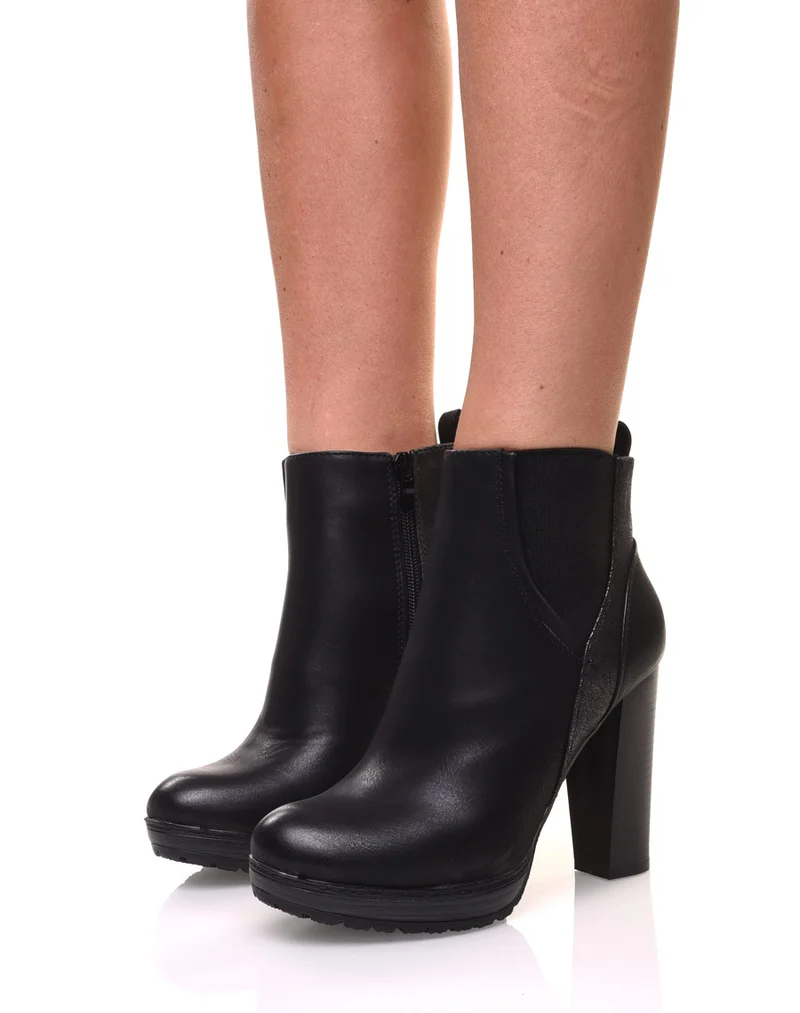 Bottines noires à talons hauts bi matières