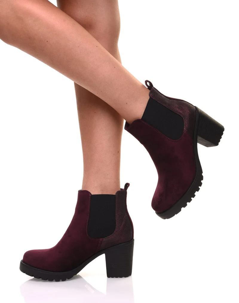 Bottines bordeaux mi hautes bi-matières