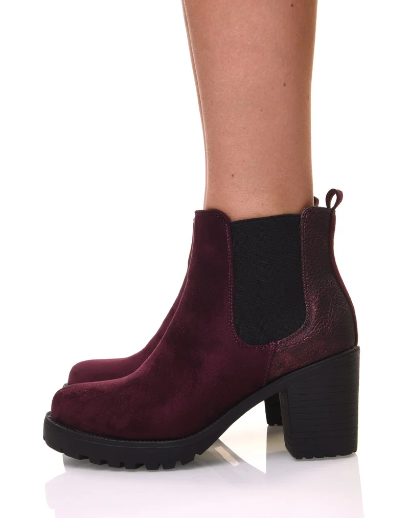 Bottines bordeaux mi hautes bi-matières