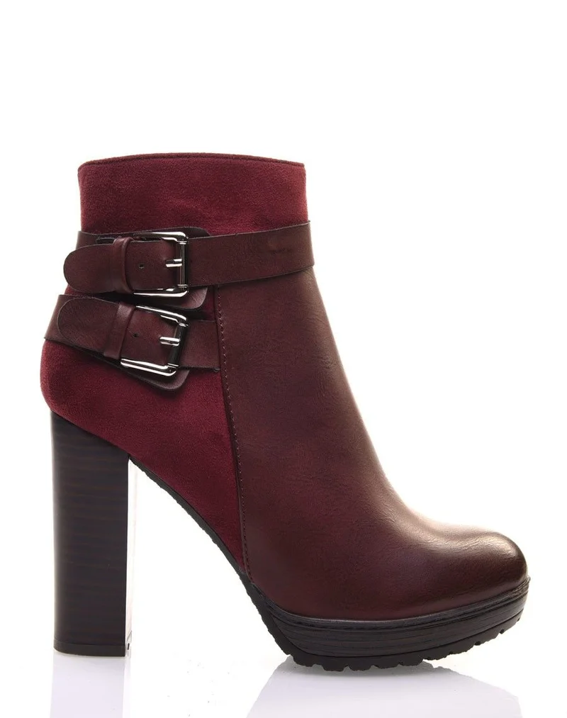 Bottines bordeaux à talons bi-matières