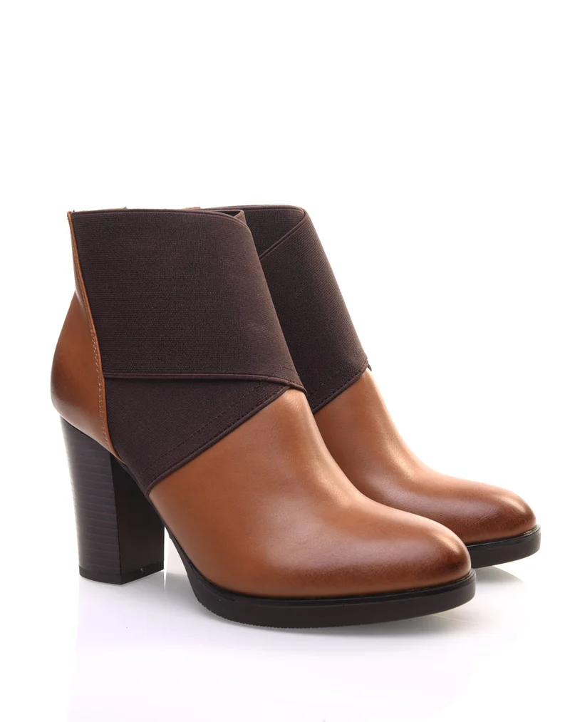 Bottines camel à talons bi matières