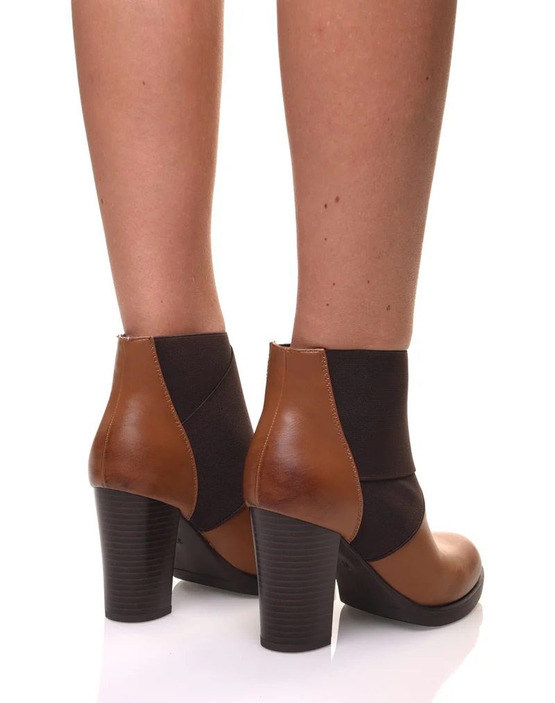 Bottines camel à talons bi matières