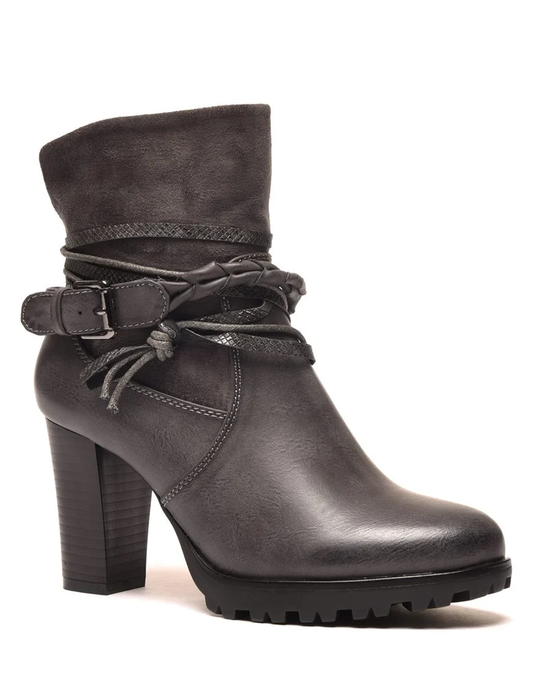 Bottines grises bi matières à talons et lanières multiples