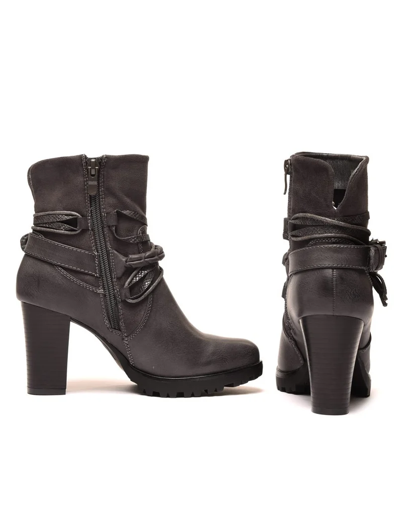 Bottines grises bi matières à talons et lanières multiples